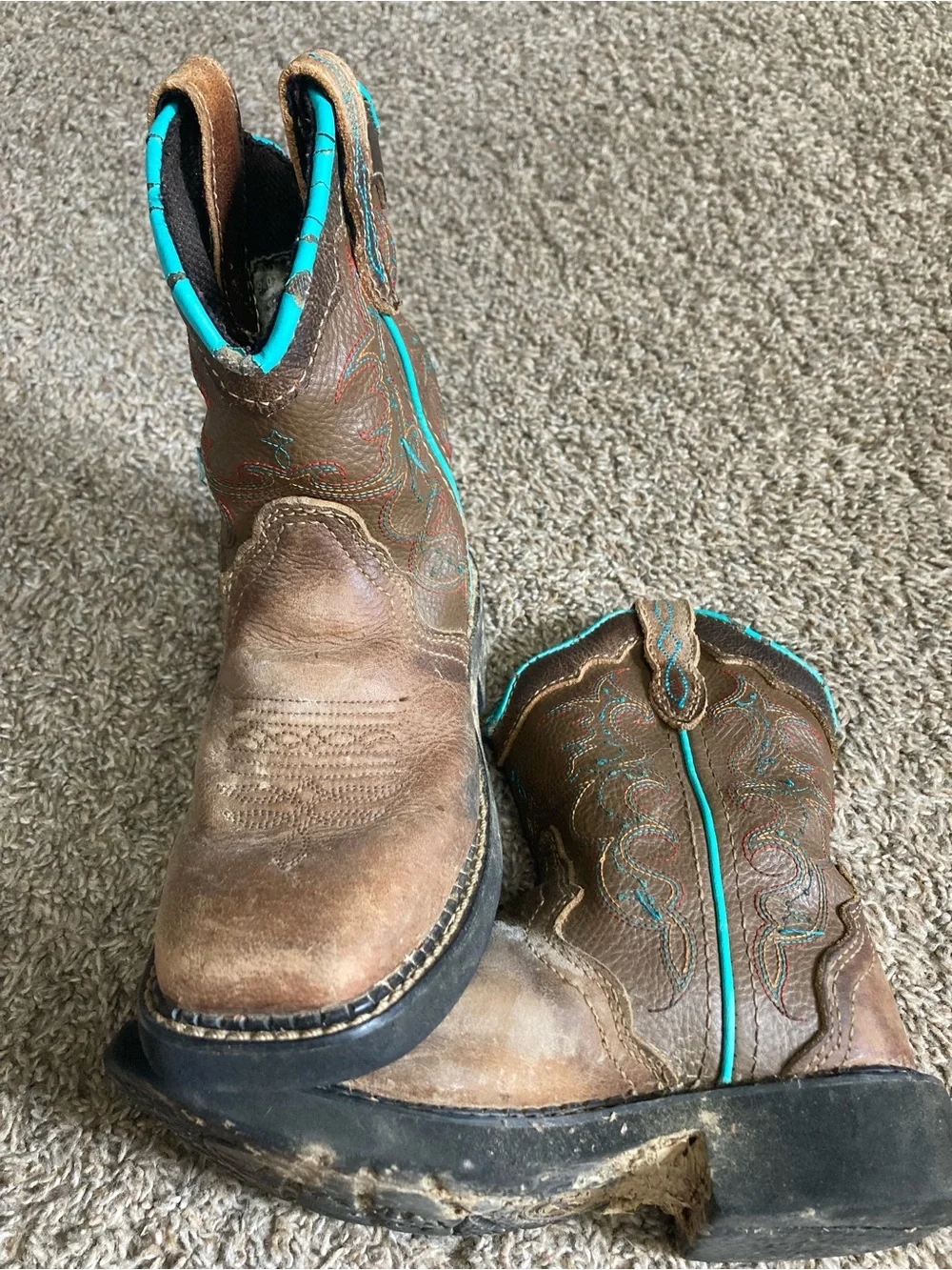 Girls Brown Leather Cowboy Boot Lot In Good And Play Condition